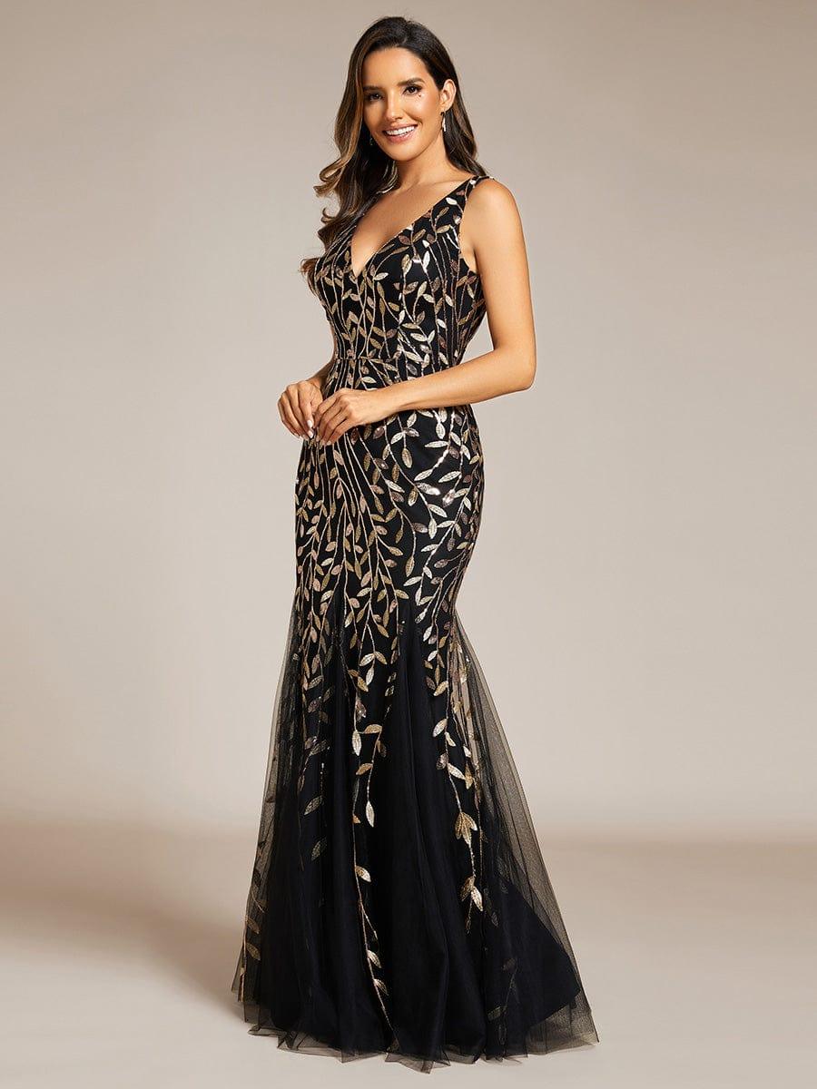 Women's Double V-Neck Fishtail Seuqin Wedding Guest Dress #color_Black & Gold