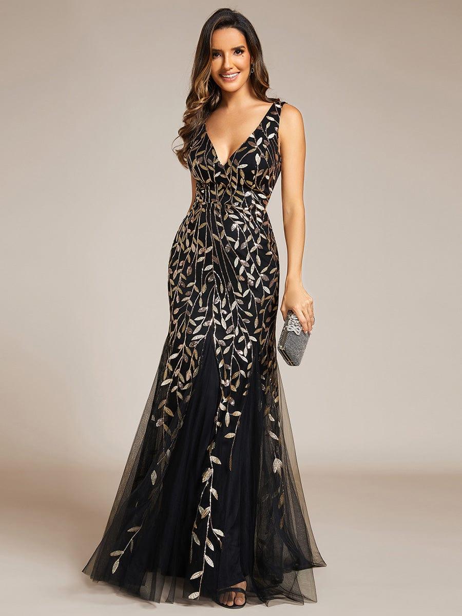 Women's Double V-Neck Fishtail Seuqin Wedding Guest Dress #color_Black & Gold