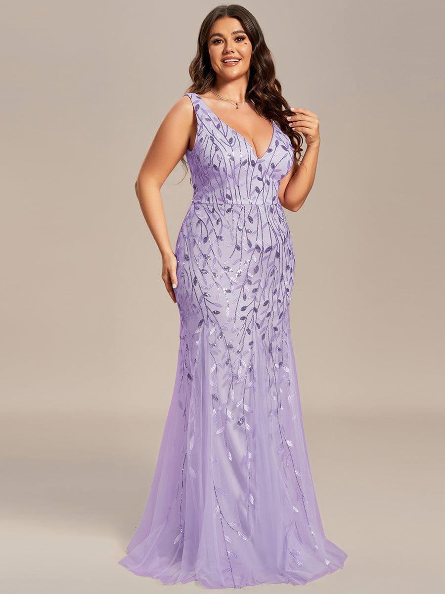 Plus Size Women's V-Neck Fishtail Seuqin Evening Dress #color_Lavender