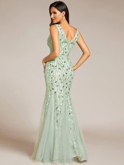 Women's Double V-Neck Fishtail Seuqin Wedding Guest Dress #color_Mint Green