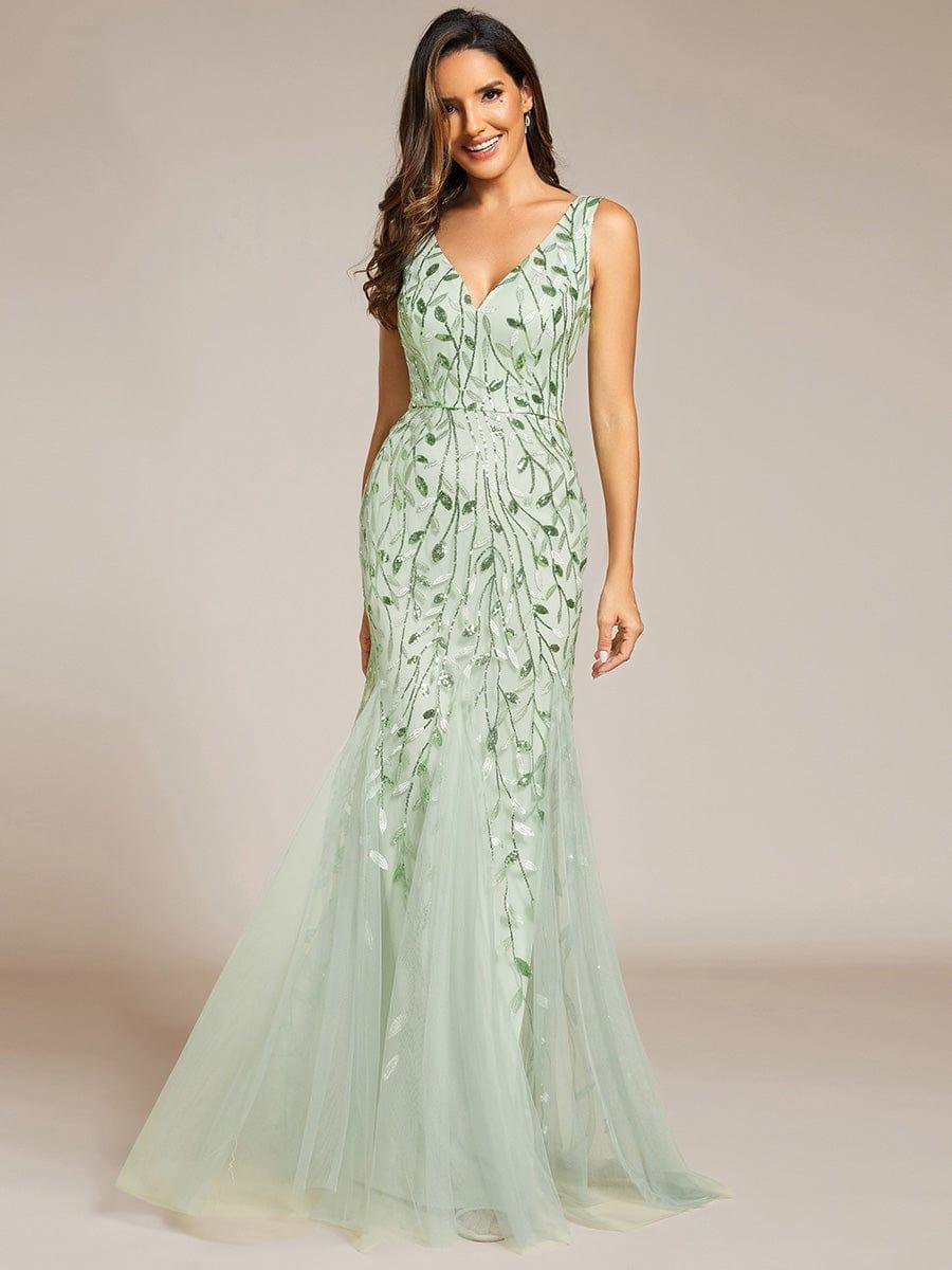 Women's Double V-Neck Fishtail Seuqin Wedding Guest Dress #color_Mint Green