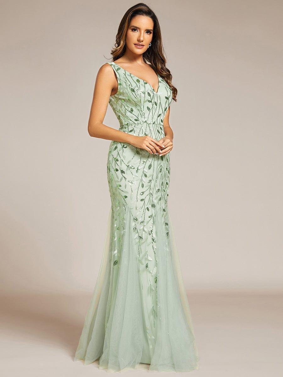 Women's Double V-Neck Fishtail Seuqin Wedding Guest Dress #color_Mint Green