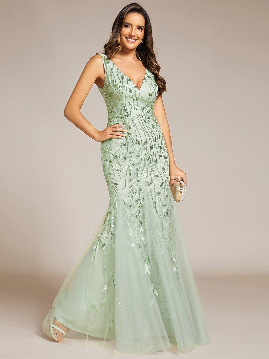 Women's Double V-Neck Fishtail Seuqin Wedding Guest Dress #color_Mint Green