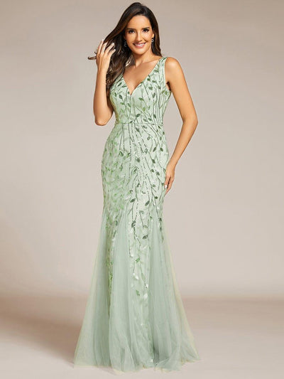 Women's Double V-Neck Fishtail Seuqin Wedding Guest Dress #color_Mint Green