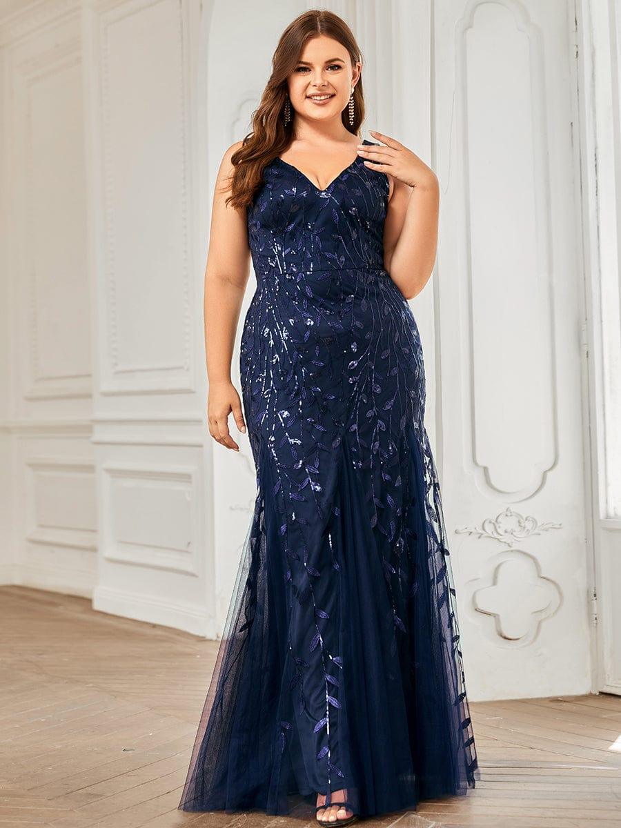 Plus Size Women's V-Neck Fishtail Seuqin Evening Dress #color_Navy Blue