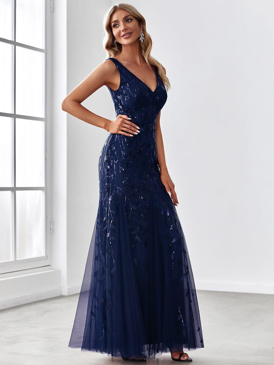 Women's Double V-Neck Fishtail Seuqin Wedding Guest Dress #color_Navy Blue