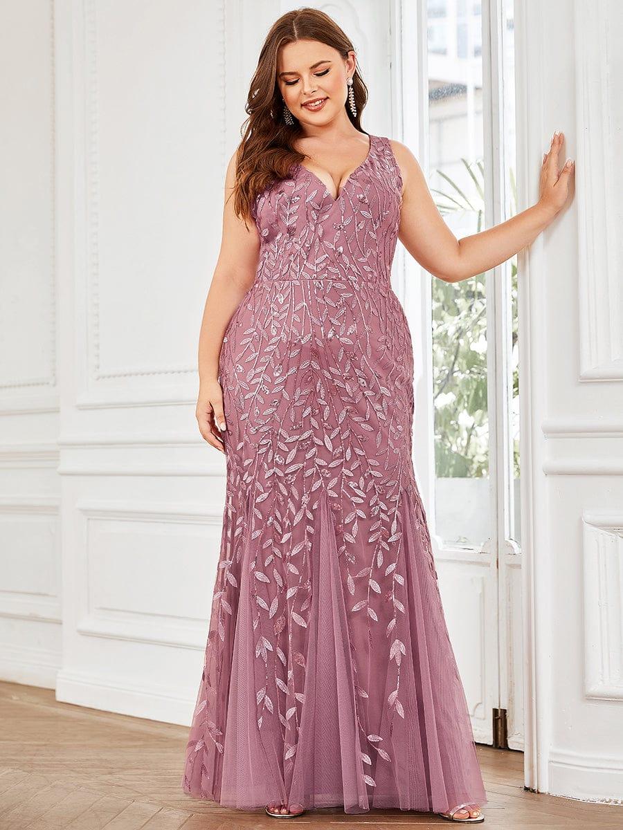 Plus Size Women's V-Neck Fishtail Seuqin Evening Dress #color_Purple Orchid