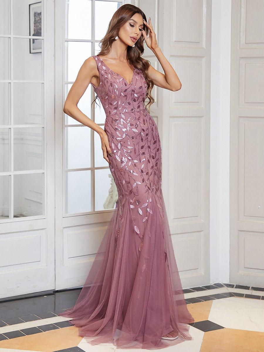 Women's Double V-Neck Fishtail Seuqin Wedding Guest Dress #color_Purple Orchid