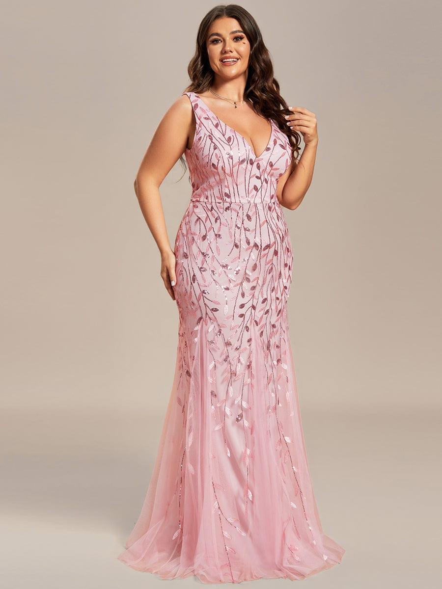 Women's Double V-Neck Fishtail Seuqin Wedding Guest Dress #color_Pink