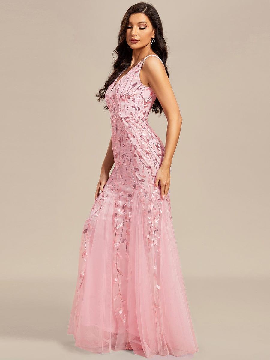 Women's Double V-Neck Fishtail Seuqin Wedding Guest Dress #color_Pink