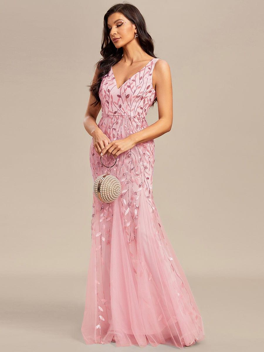 Women's Double V-Neck Fishtail Seuqin Wedding Guest Dress #color_Pink