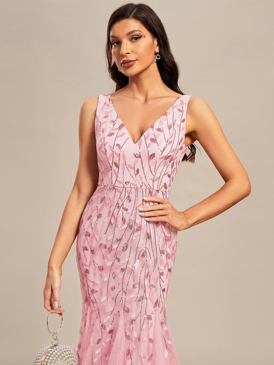 Women's Double V-Neck Fishtail Seuqin Wedding Guest Dress #color_Pink