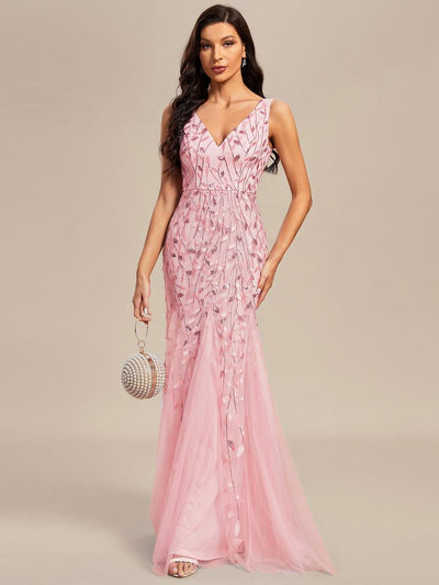 Women's Double V-Neck Fishtail Seuqin Wedding Guest Dress #color_Pink