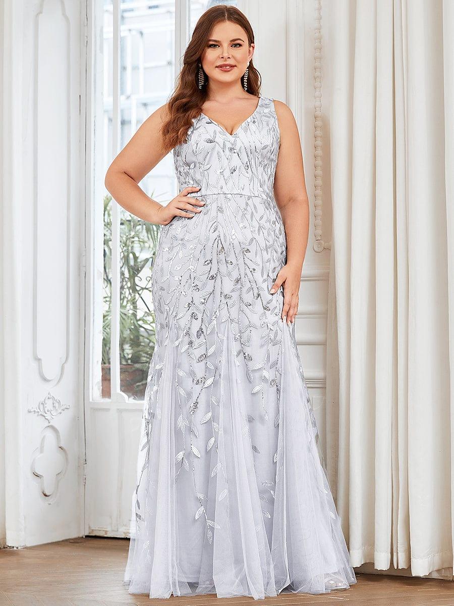 Women's Double V-Neck Fishtail Seuqin Wedding Guest Dress #color_Silver