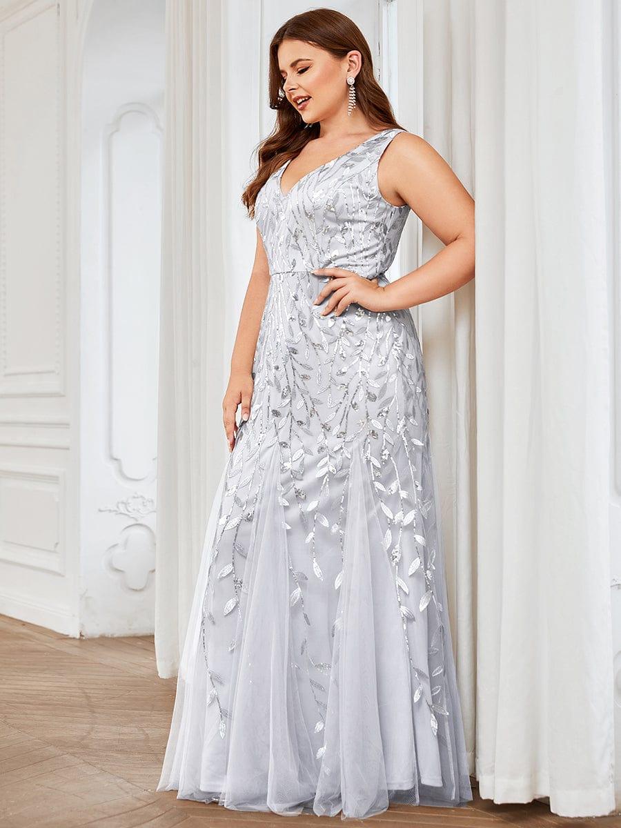 Women's Double V-Neck Fishtail Seuqin Wedding Guest Dress #color_Silver