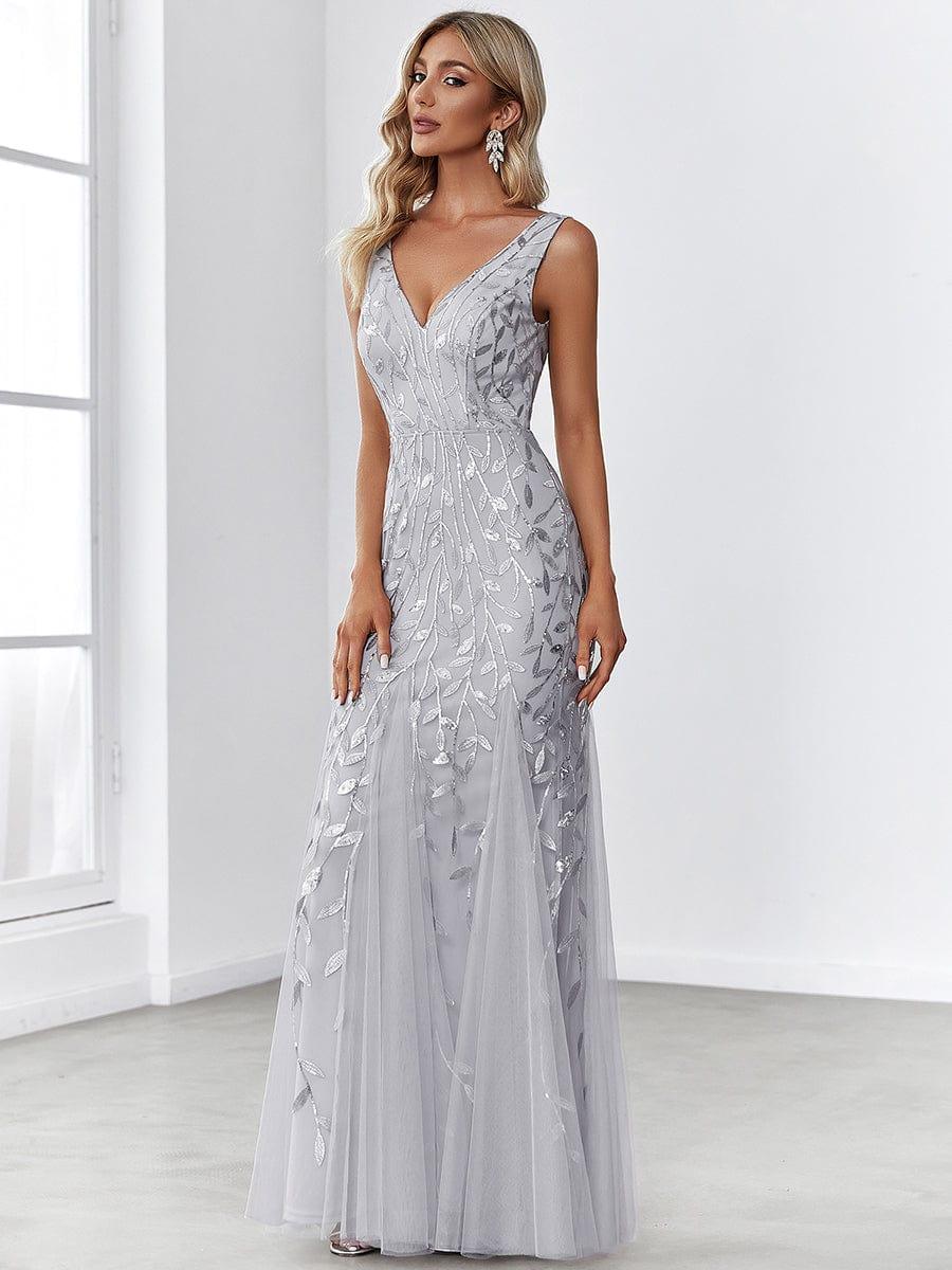 Women's Double V-Neck Fishtail Seuqin Evening Dress #color_Silver