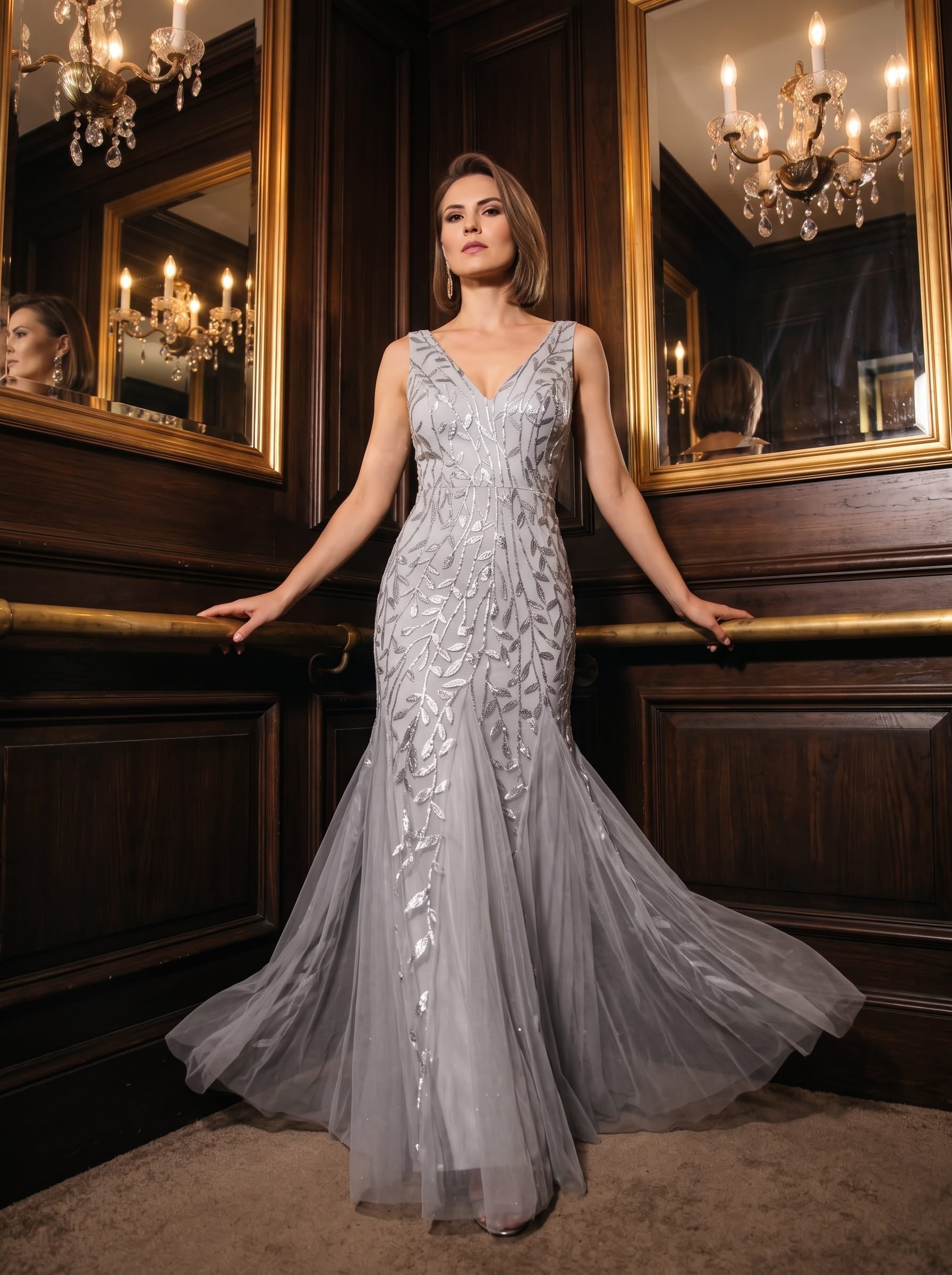 Women's Double V-Neck Fishtail Seuqin Evening Dress #color_Silver
