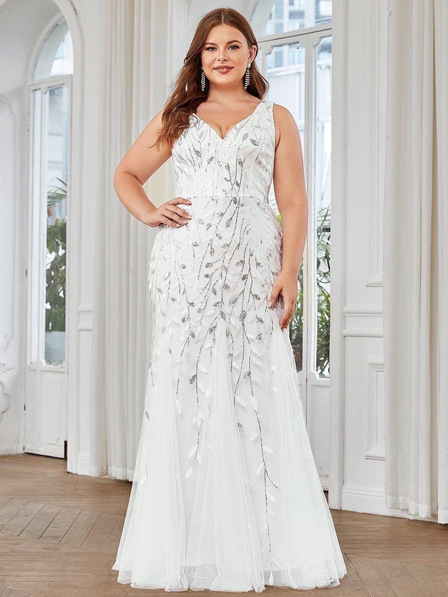 Plus Size Women's V-Neck Fishtail Seuqin Evening Dress #color_White