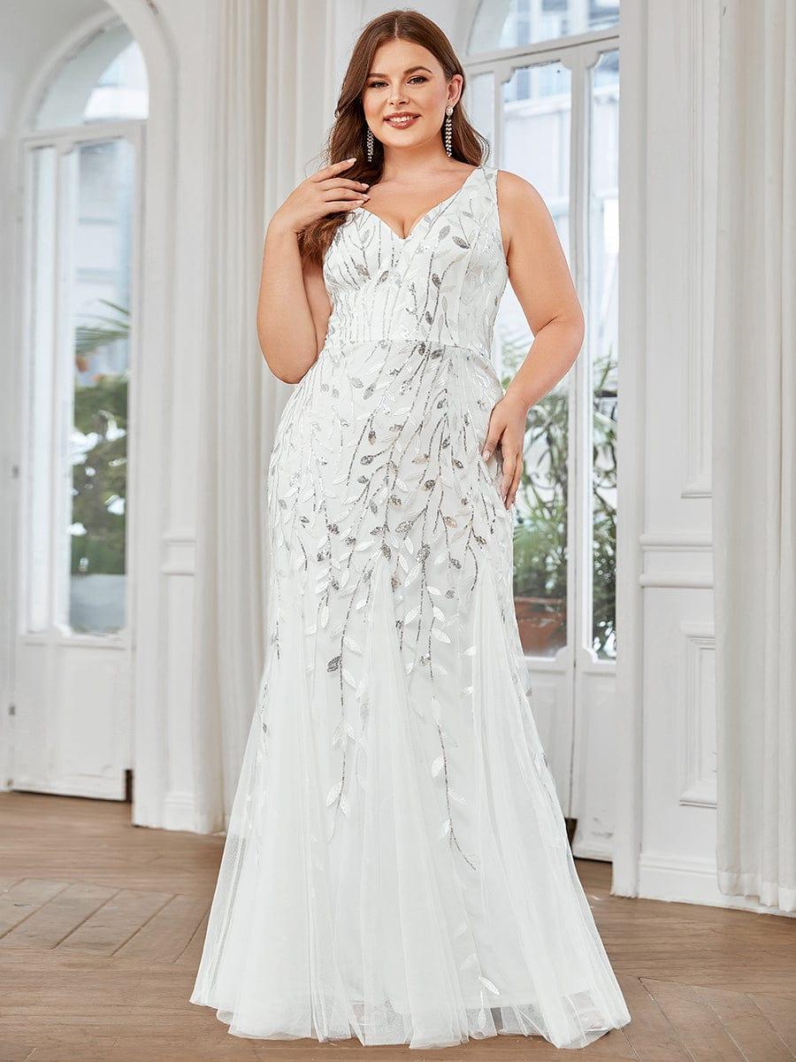 Women's Double V-Neck Fishtail Seuqin Wedding Guest Dress #color_White