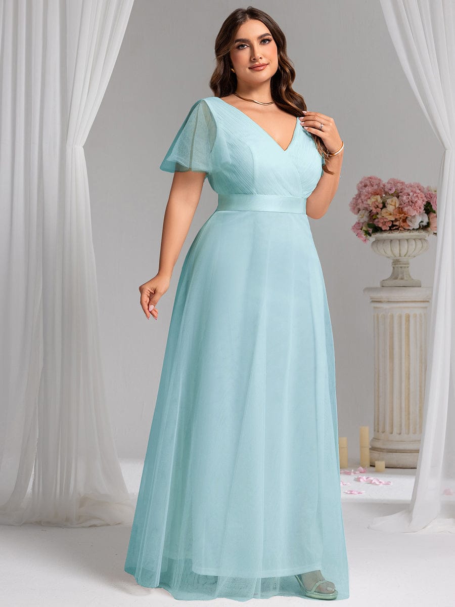 Double V-Neck Tulle Floor-Length Bridesmaid Dress #color_Sky Blue