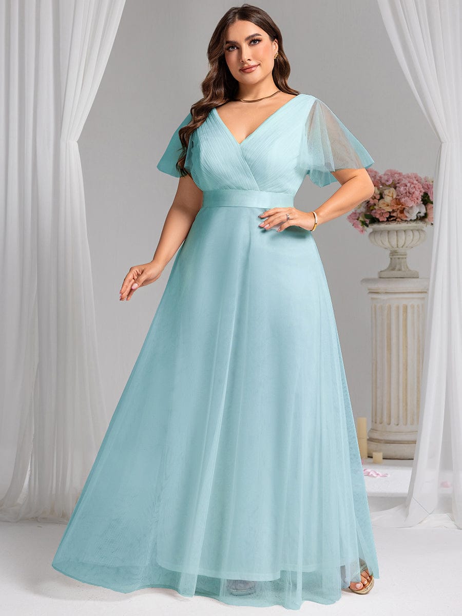 Double V-Neck Tulle Floor-Length Bridesmaid Dress #color_Sky Blue