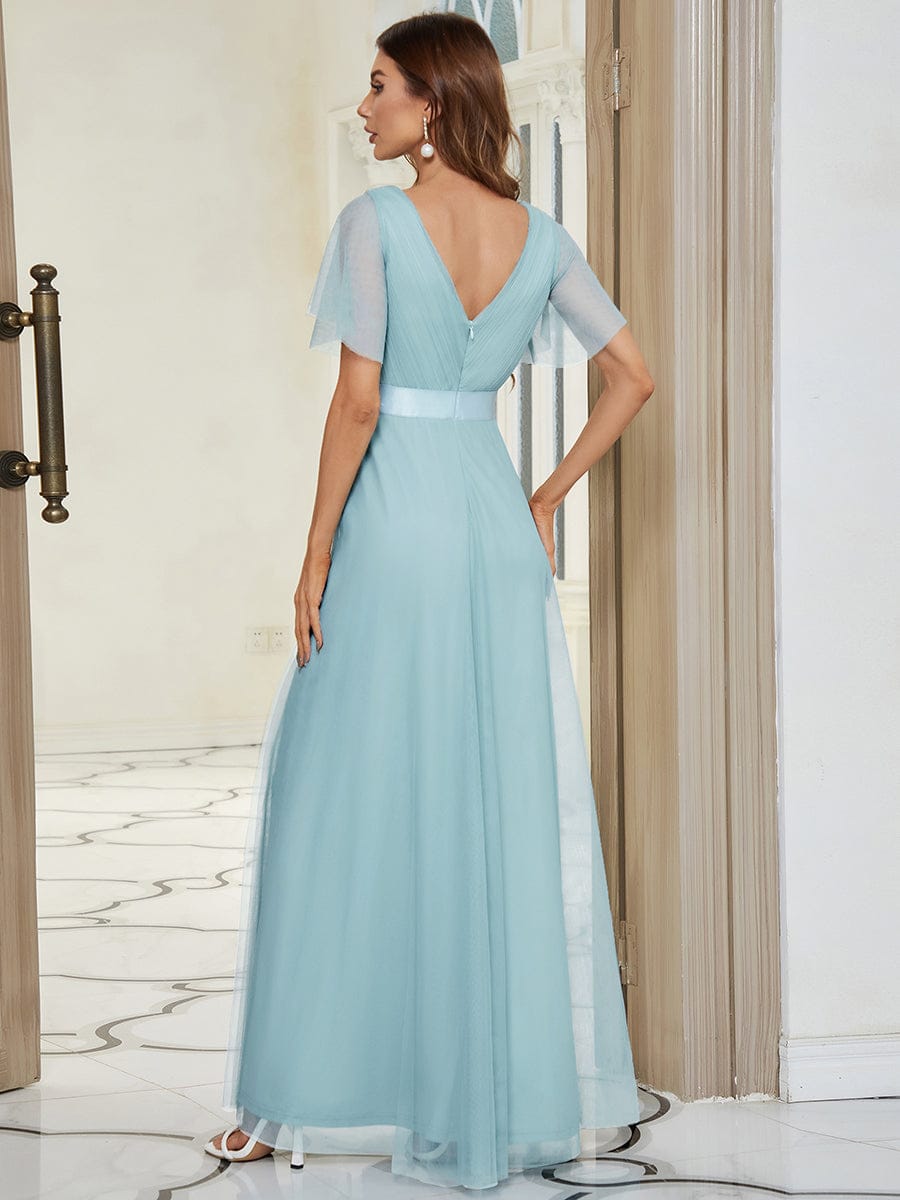 Double V-Neck Tulle Floor-Length Bridesmaid Dress #color_Sky Blue