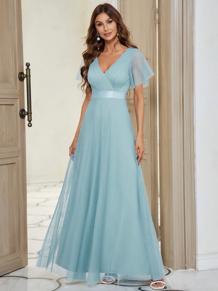 Double V-Neck Tulle Floor-Length Bridesmaid Dress #color_Sky Blue