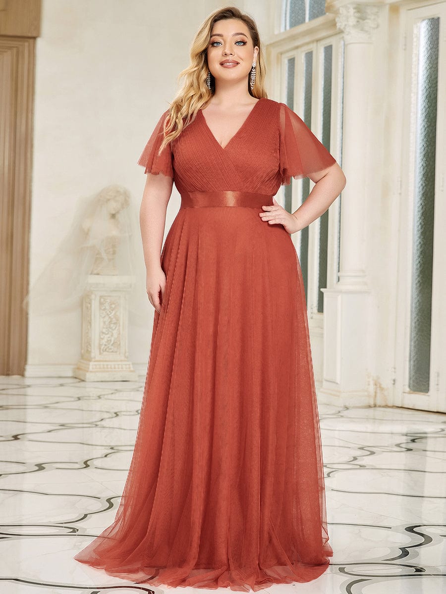 Double V-Neck Tulle Floor-Length Bridesmaid Dress #color_Burnt Orange
