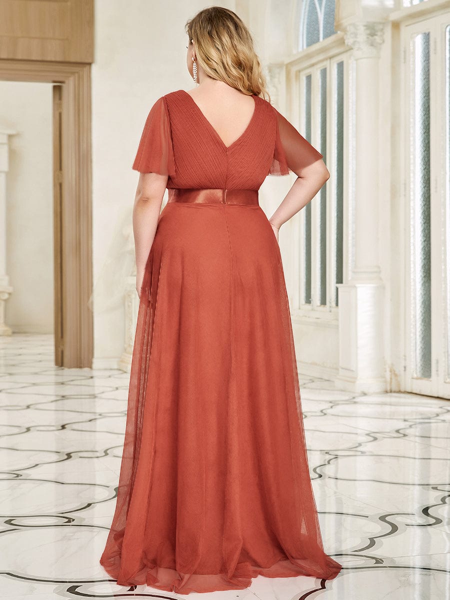 Double V-Neck Tulle Floor-Length Bridesmaid Dress #color_Burnt Orange