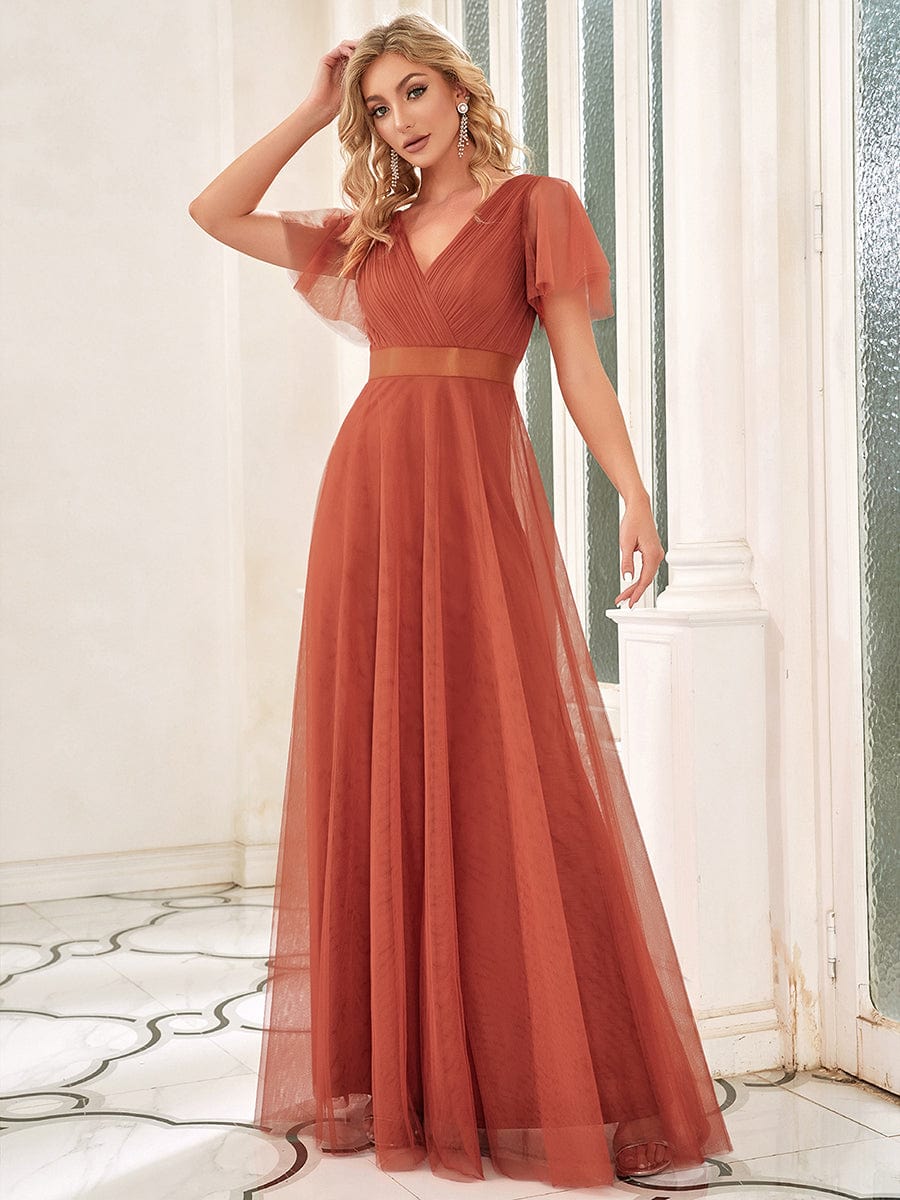Double V-Neck Tulle Floor-Length Bridesmaid Dress #color_Burnt Orange