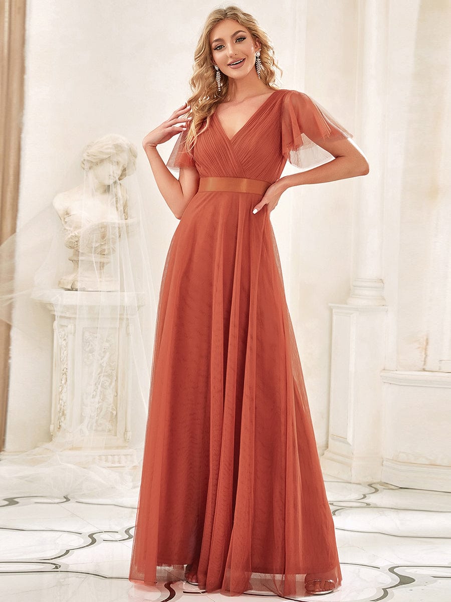 Double V-Neck Tulle Floor-Length Bridesmaid Dress #color_Burnt Orange