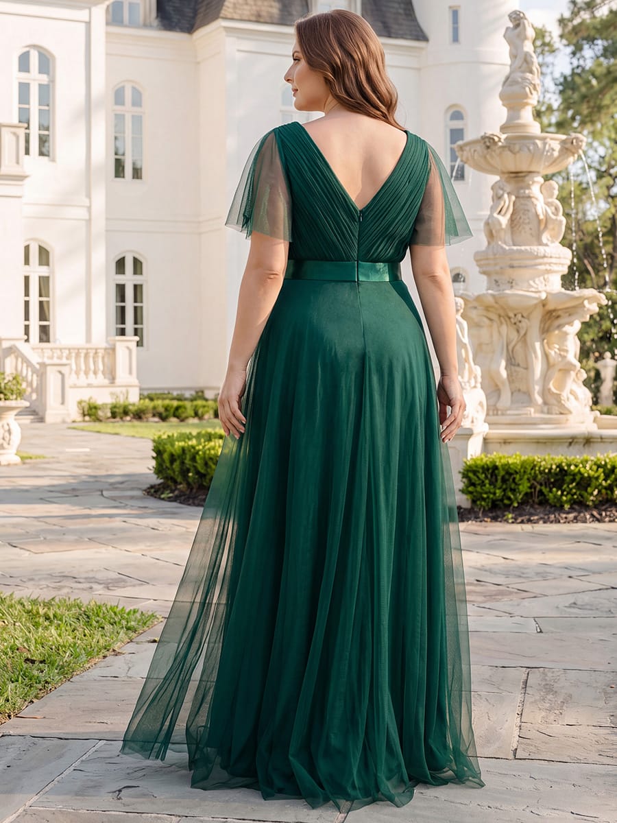Women's Floor-Length Plus Size Bridesmaid Dress with Short Sleeve #color_Dark Green
