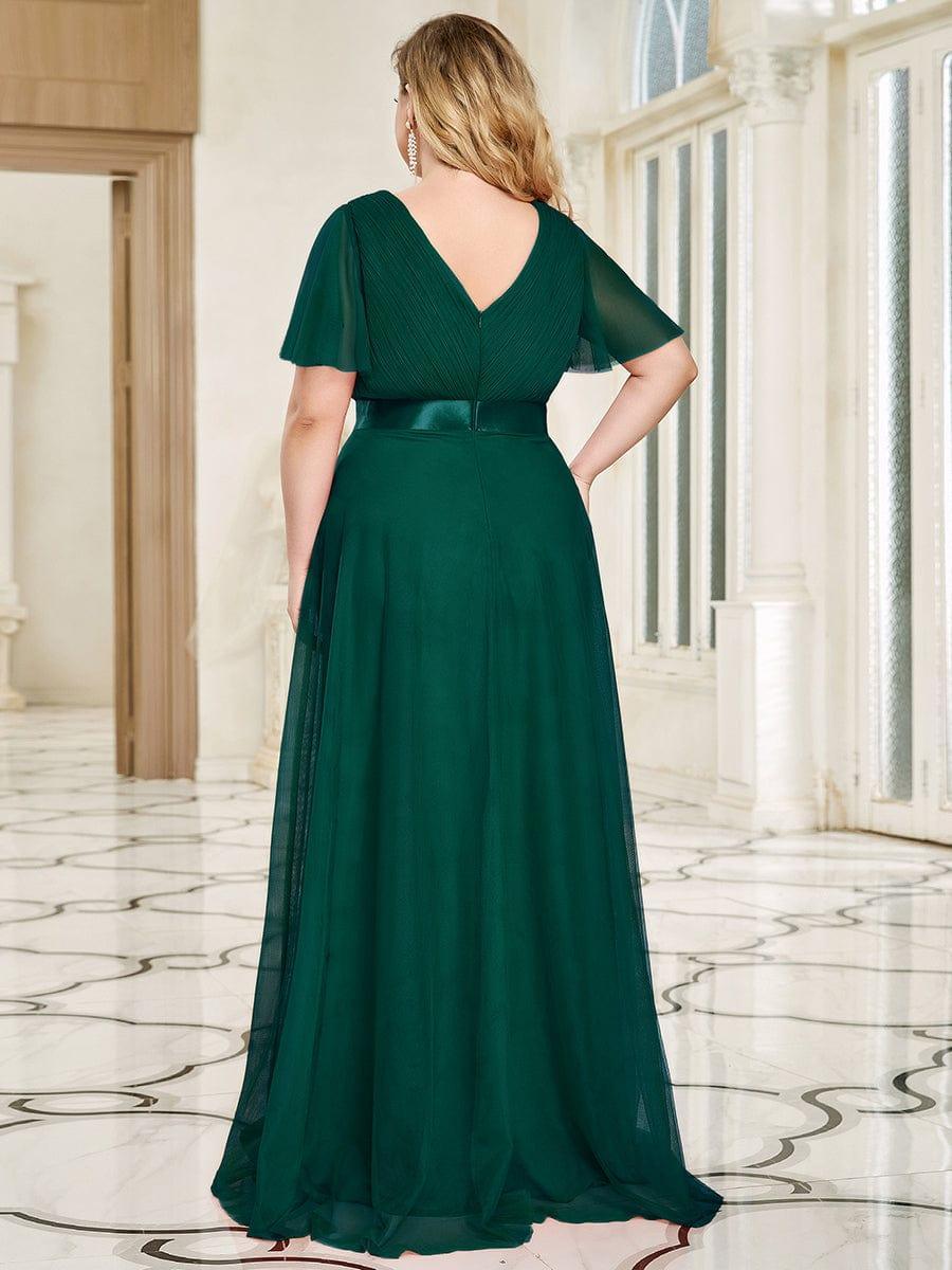 Double V-Neck Tulle Floor-Length Bridesmaid Dress #color_Dark Green