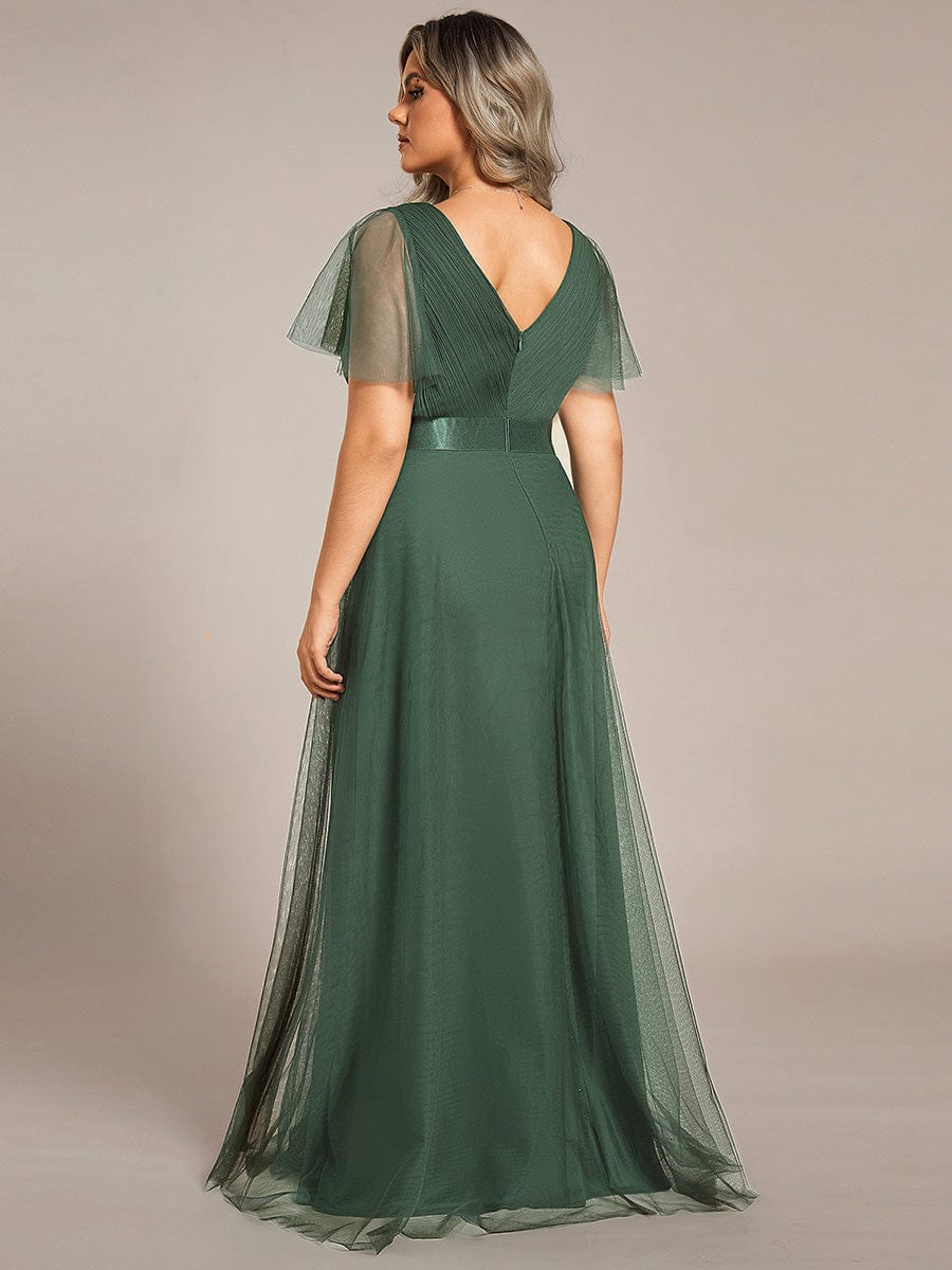 Double V-Neck Tulle Floor-Length Bridesmaid Dress #color_Eucalyptus Green