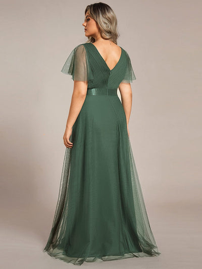 Women's Floor-Length Plus Size Bridesmaid Dress with Short Sleeve #color_Eucalyptus Green