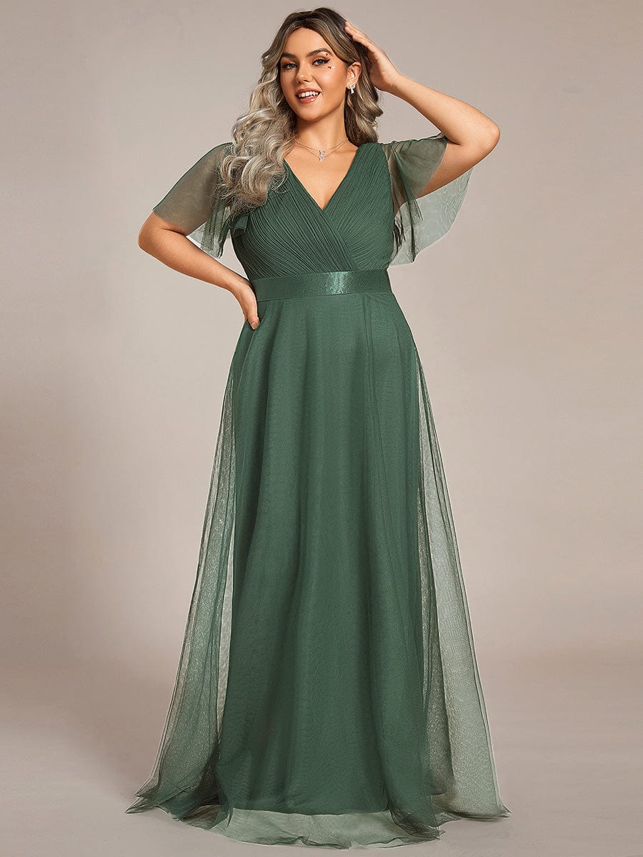 Double V-Neck Tulle Floor-Length Bridesmaid Dress #color_Eucalyptus Green
