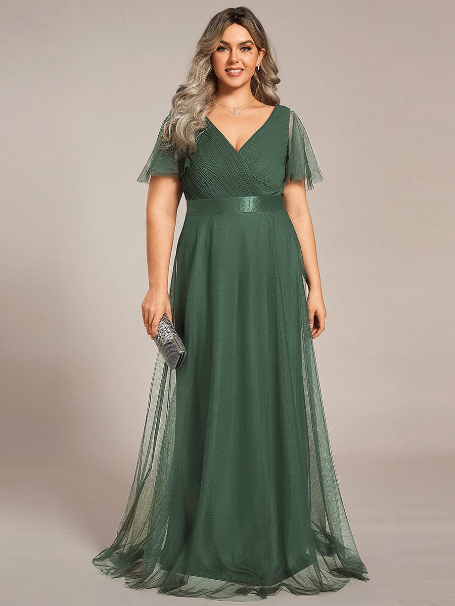 Double V-Neck Tulle Floor-Length Bridesmaid Dress #color_Eucalyptus Green