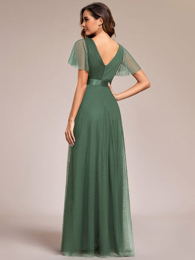 Double V-Neck Tulle Floor-Length Bridesmaid Dress #color_Eucalyptus Green