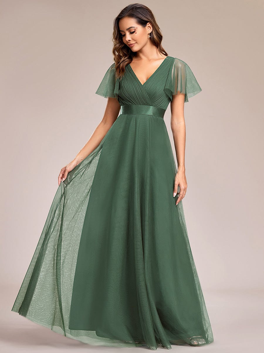 Double V-Neck Tulle Floor-Length Bridesmaid Dress #color_Eucalyptus Green