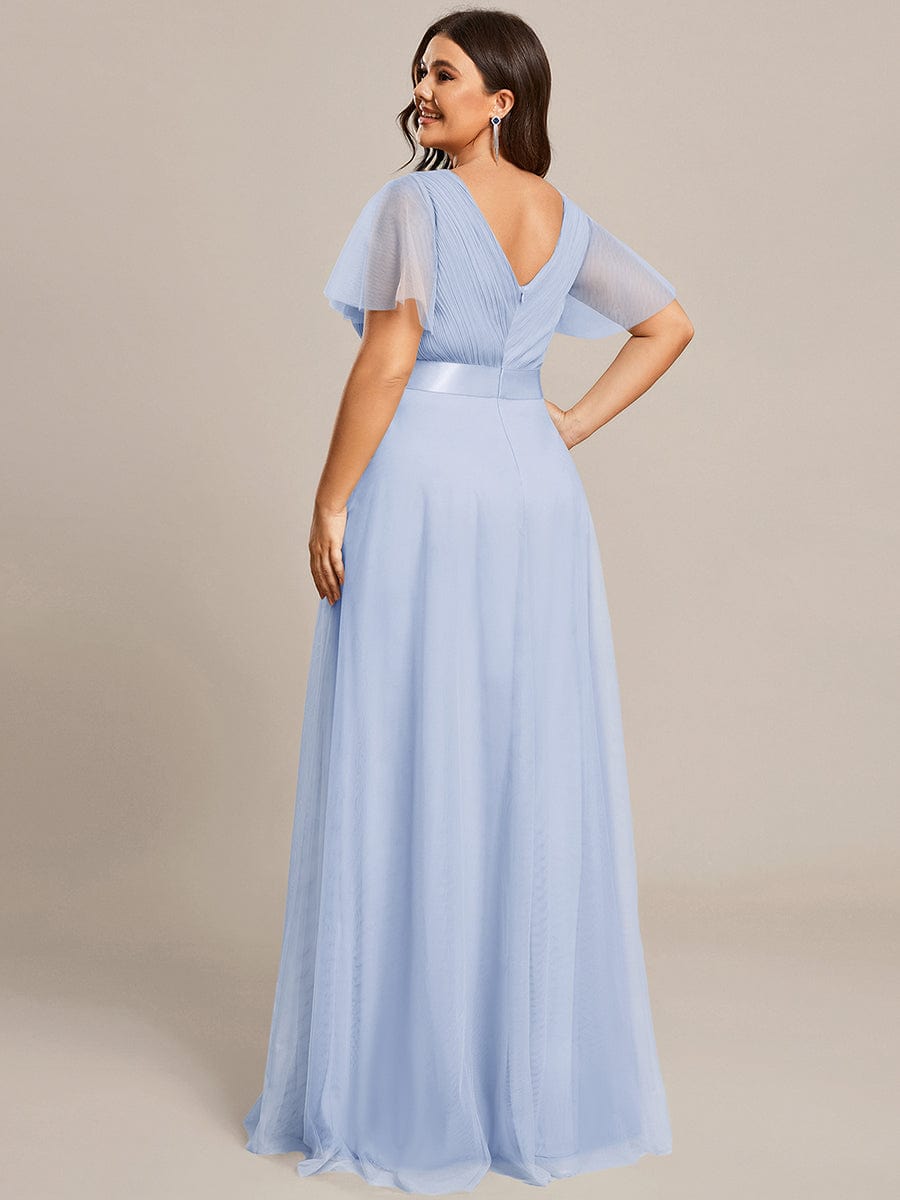 Double V-Neck Tulle Floor-Length Bridesmaid Dress #color_Ice blue