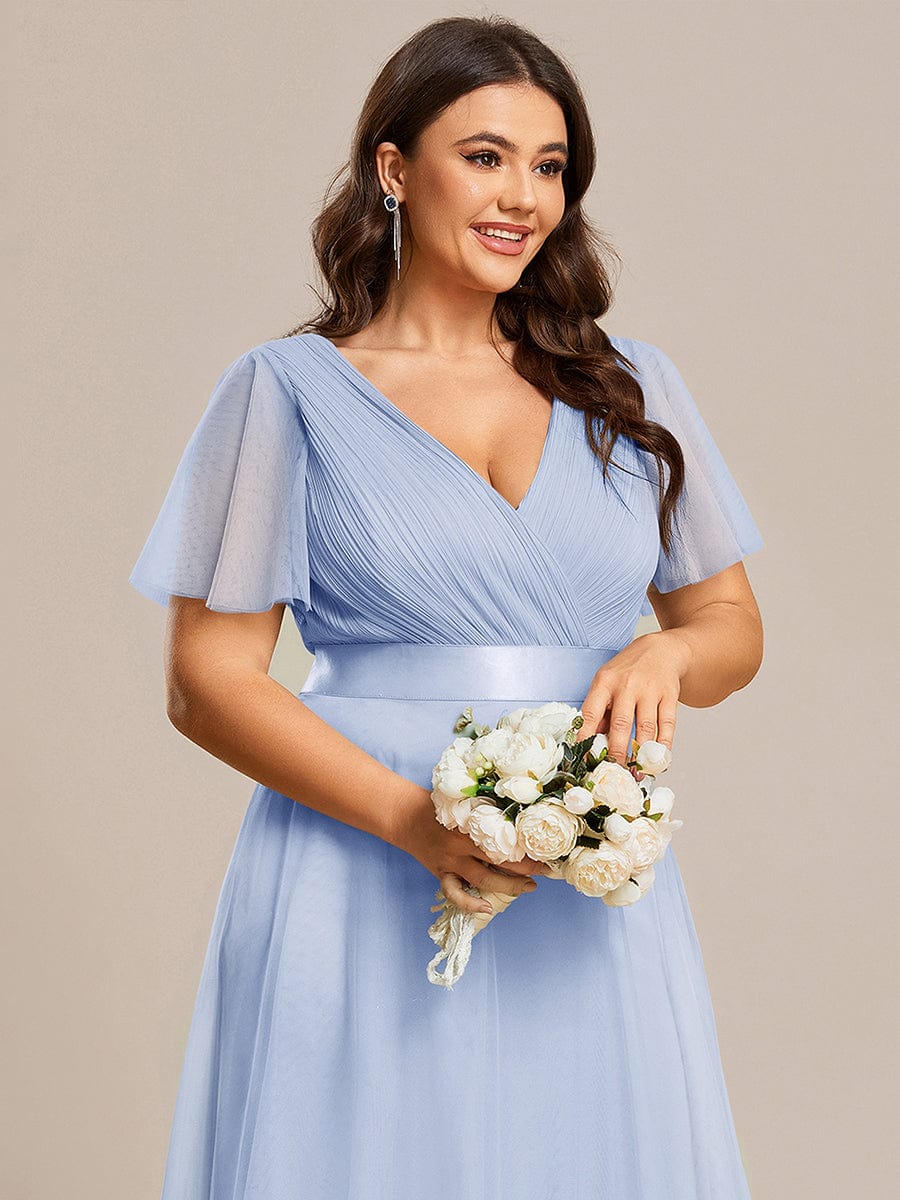 Double V-Neck Tulle Floor-Length Bridesmaid Dress #color_Ice blue