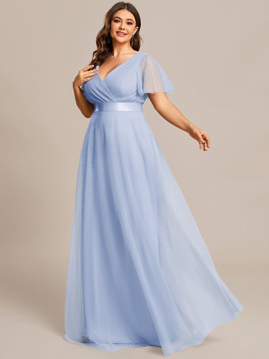 Double V-Neck Tulle Floor-Length Bridesmaid Dress #color_Ice blue