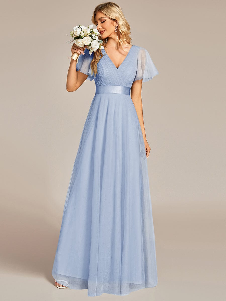Double V-Neck Tulle Floor-Length Bridesmaid Dress #color_Ice blue