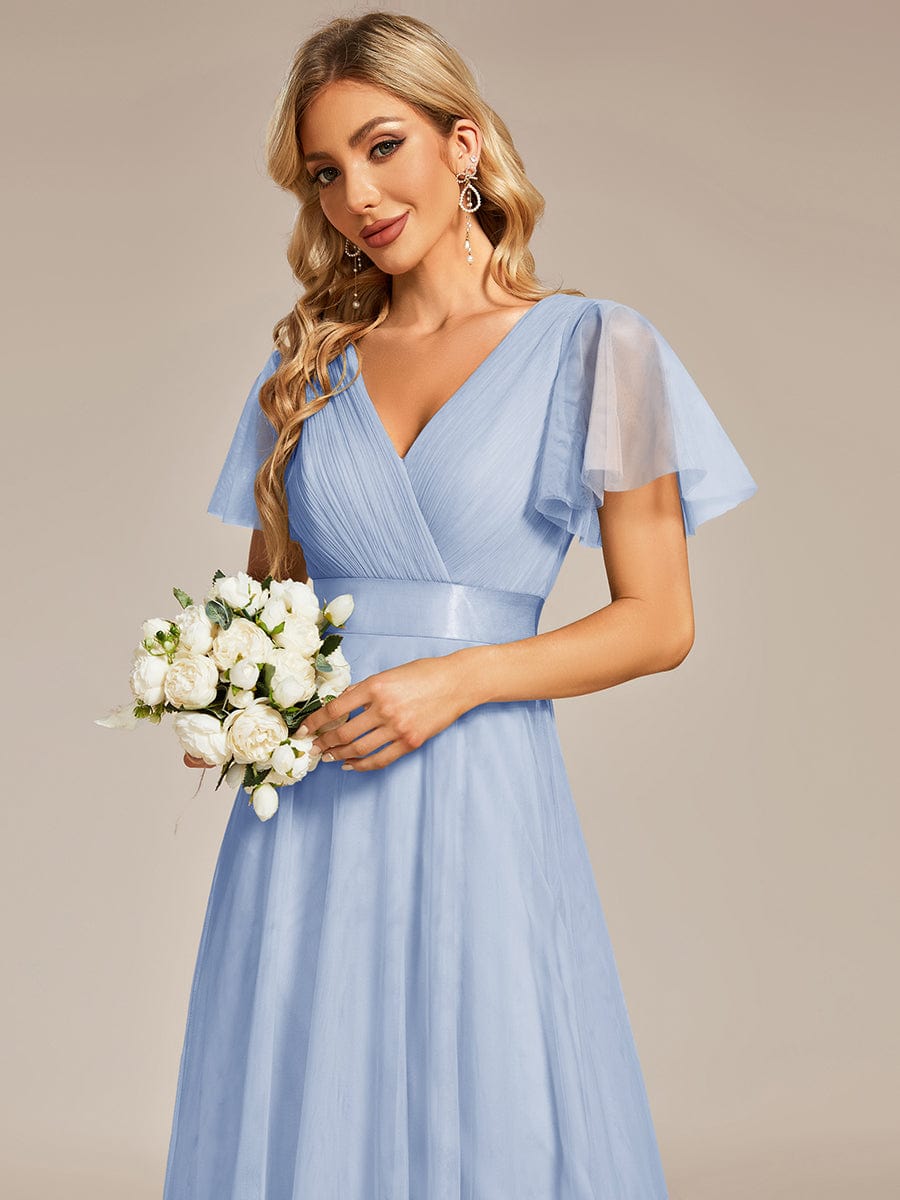 Double V-Neck Tulle Floor-Length Bridesmaid Dress #color_Ice blue
