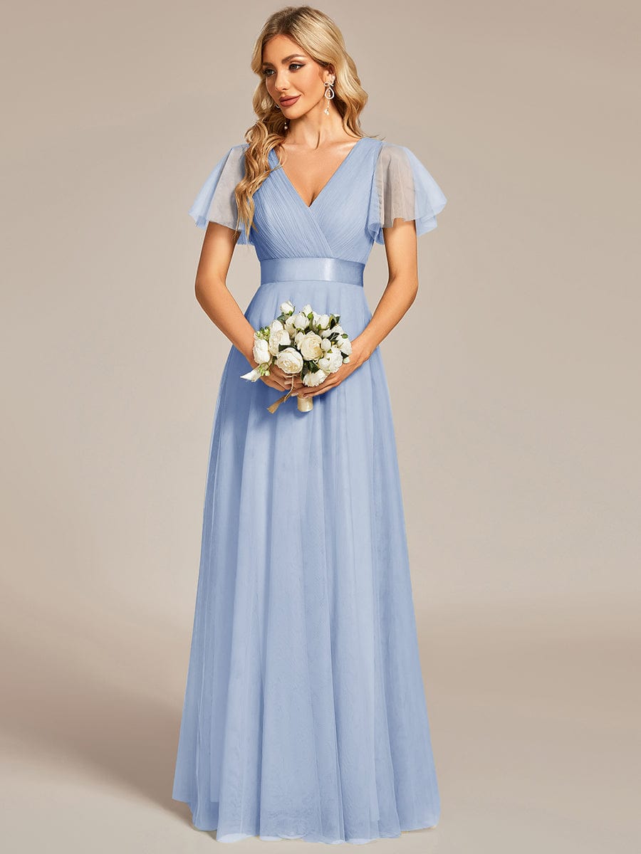 Double V-Neck Tulle Floor-Length Bridesmaid Dress #color_Ice blue