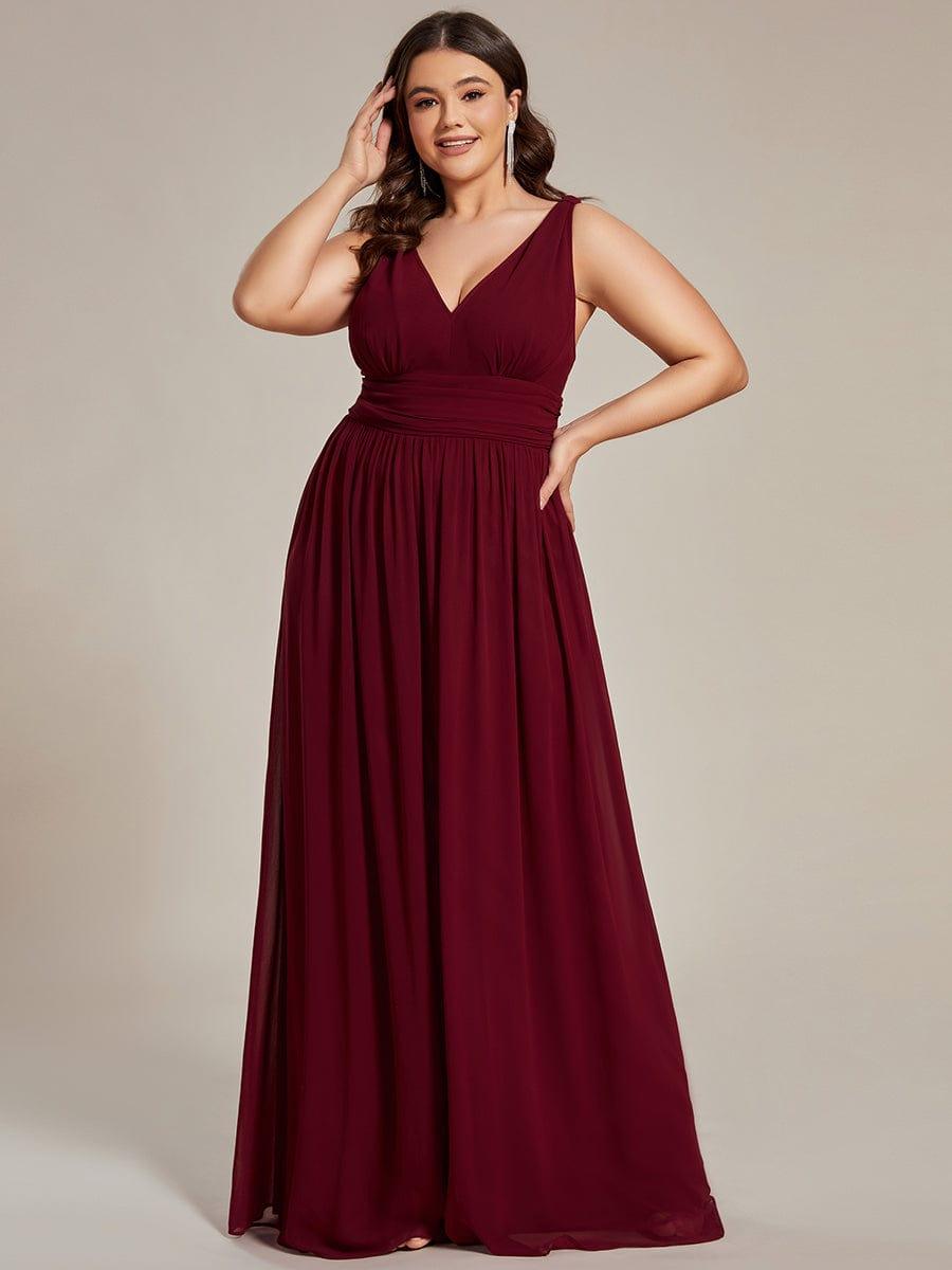 V Neck Sleeveless Pleated Chiffon Evening Dress #color_Burgundy