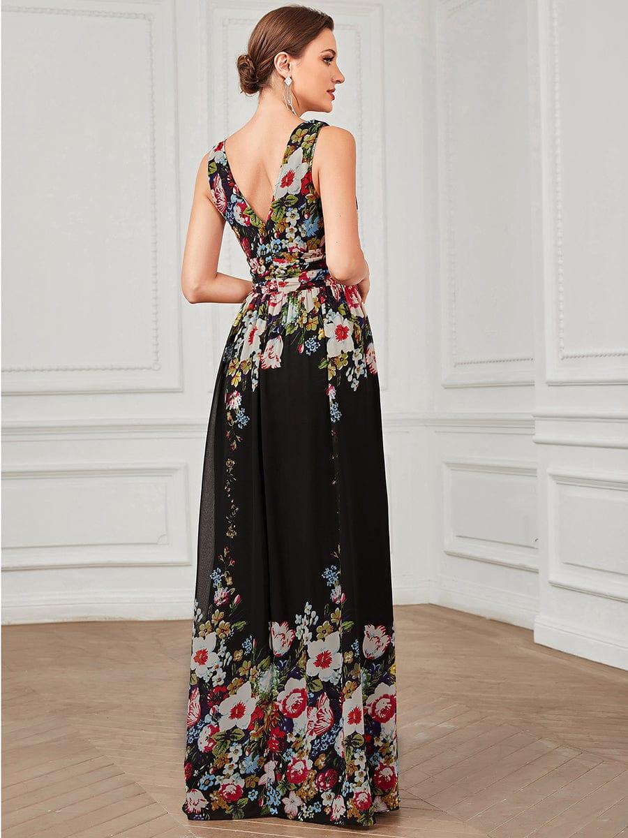 V Neck Sleeveless Pleated Chiffon Evening Dress #color_Black and Printed