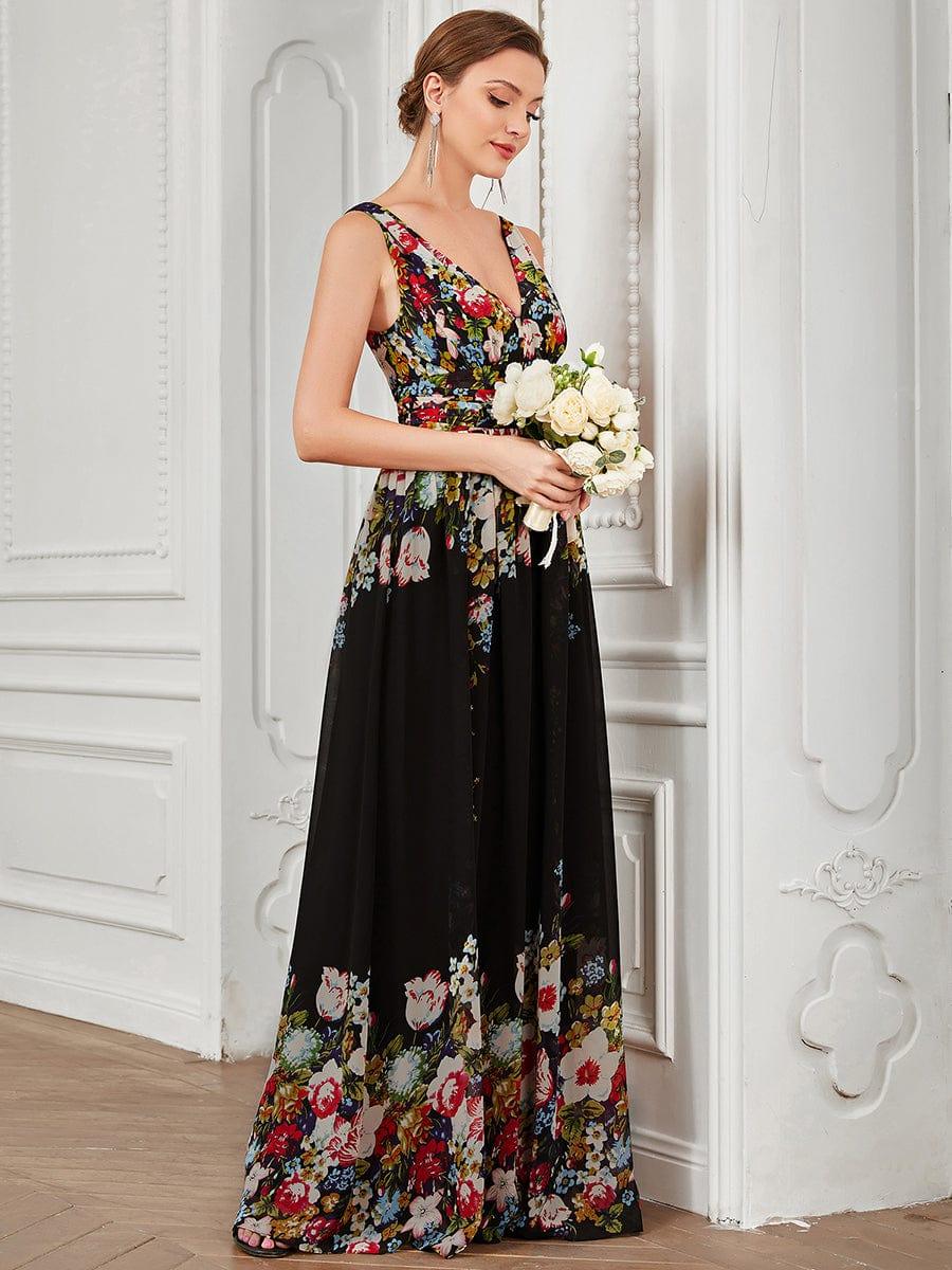 V Neck Sleeveless Pleated Chiffon Evening Dress #color_Black and Printed