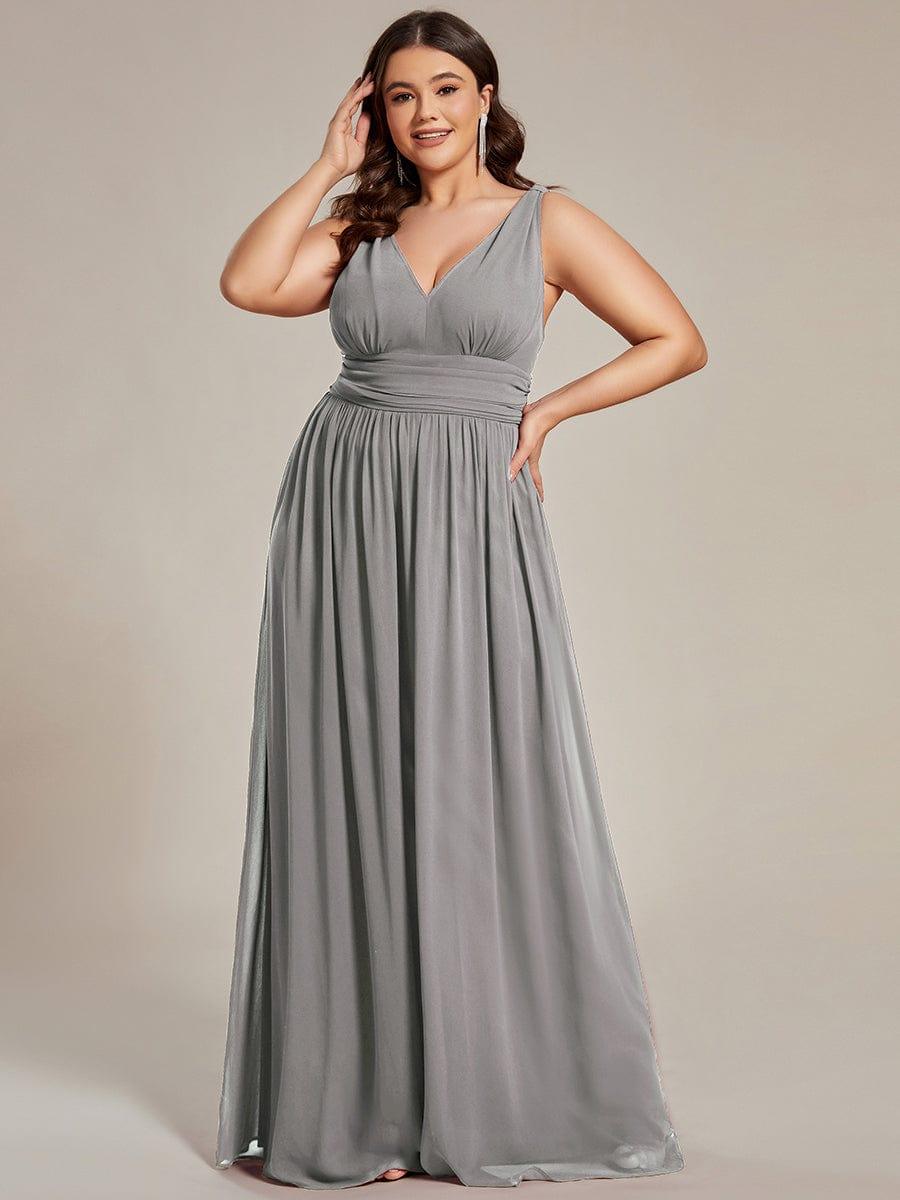 V Neck Sleeveless Pleated Chiffon Evening Dress #color_Grey