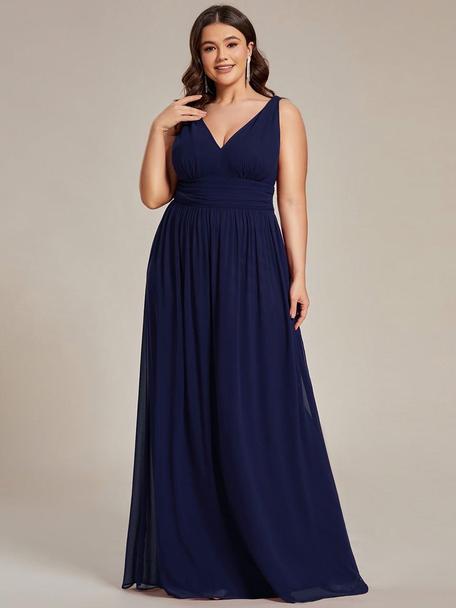 V Neck Sleeveless Pleated Chiffon Evening Dress #color_Navy Blue